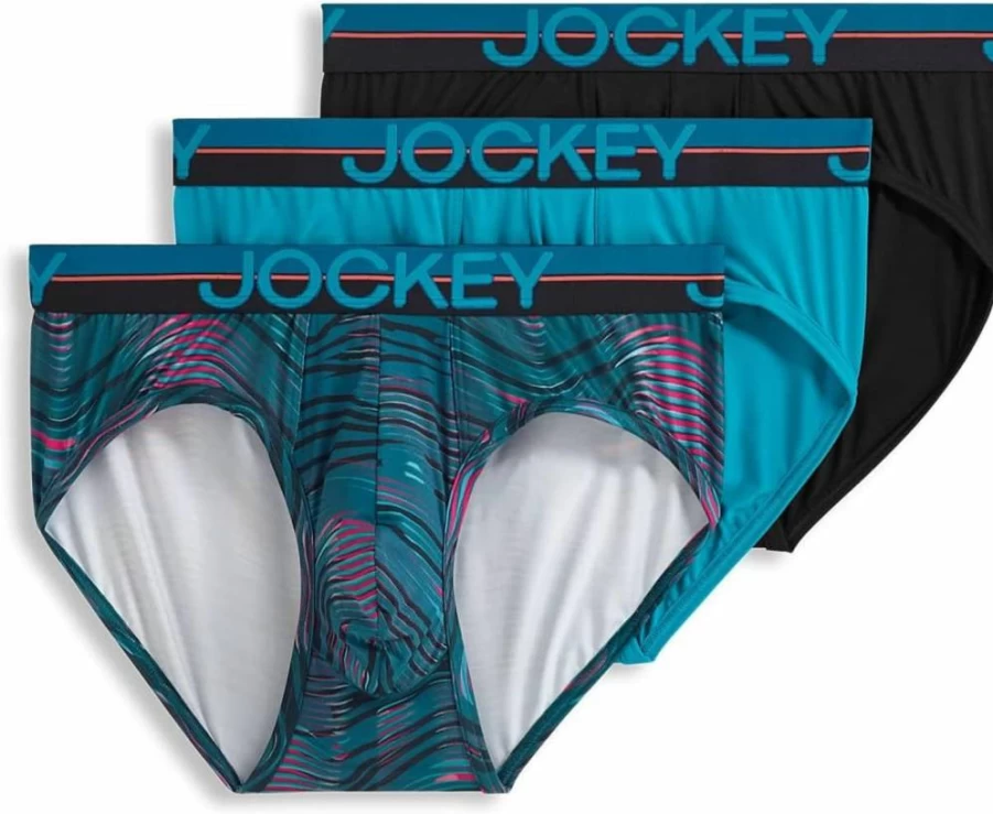 Jockey Men's Cool Comfort Microfiber Stretch Brief Underwear 3-Pack - Northern Light, Underwater Wave, Black - Size L