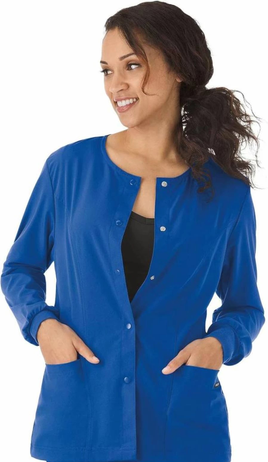 Jockey Women's Snap Front Scrub Jacket - Classic Round Neck Nursing Uniform Top